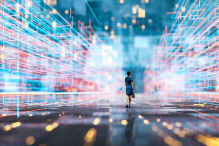 Futuristic city VR wire frame with businesswoman walking. 3D generated image.